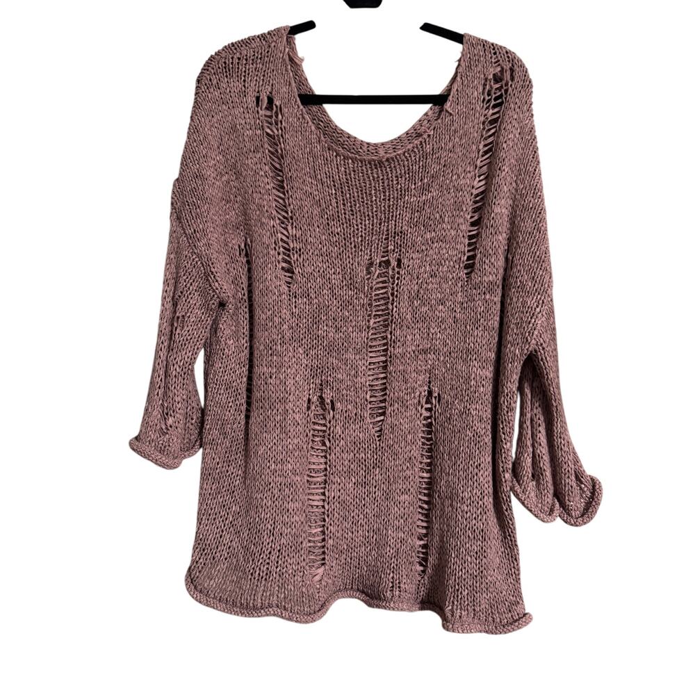 She + Sky Dusty Mauve Distressed Boho Sweater One Size